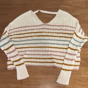 SO Women's V-Neck Sweater Crop Top in Cream, Pink, and Gold Stripes
